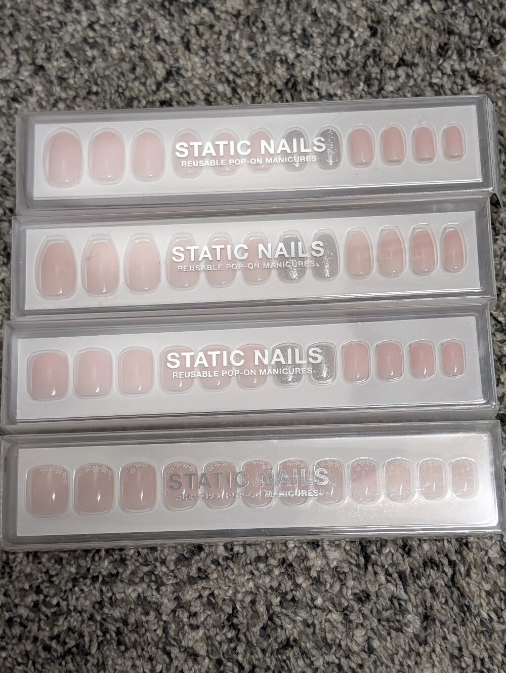 4 Static nail Reusable Pop On Manicure Pink Coffin, Square, Round Shaped Nails